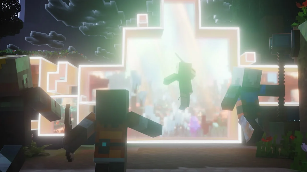 Four Dungeons II heroes jumping into a rift